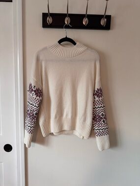 Christian Siriano Cream Knit Turtleneck Sweater with Purple Fair Isle Sleeves